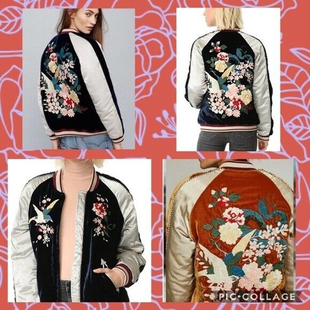Free People Floral Brown Embroidered Bird Bomber Jacket XS Rare - Picture 3 of 6